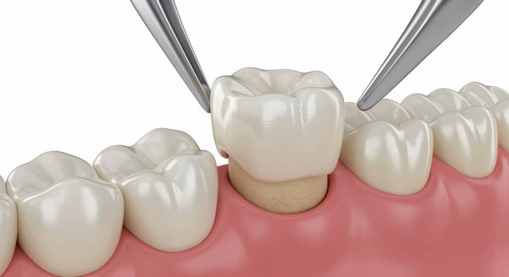 Dental crown being fitted onto a prepared tooth using dental instruments during a crown restoration procedure.