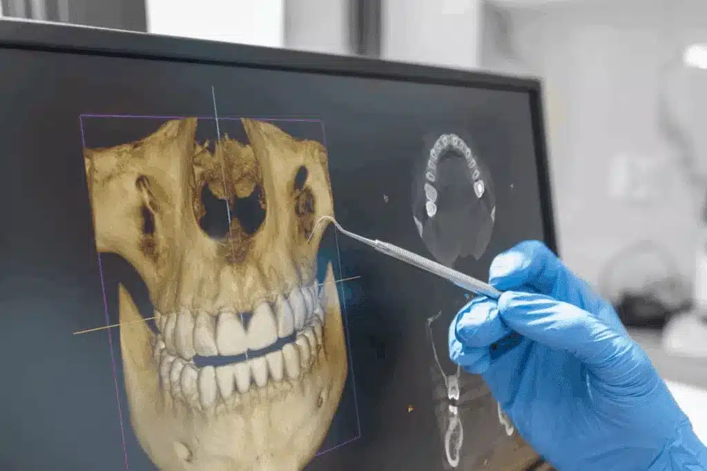Dental professional reviewing a 3D CBCT scan of a patient's jaw and teeth on a computer screen for accurate diagnosis and treatment planning.