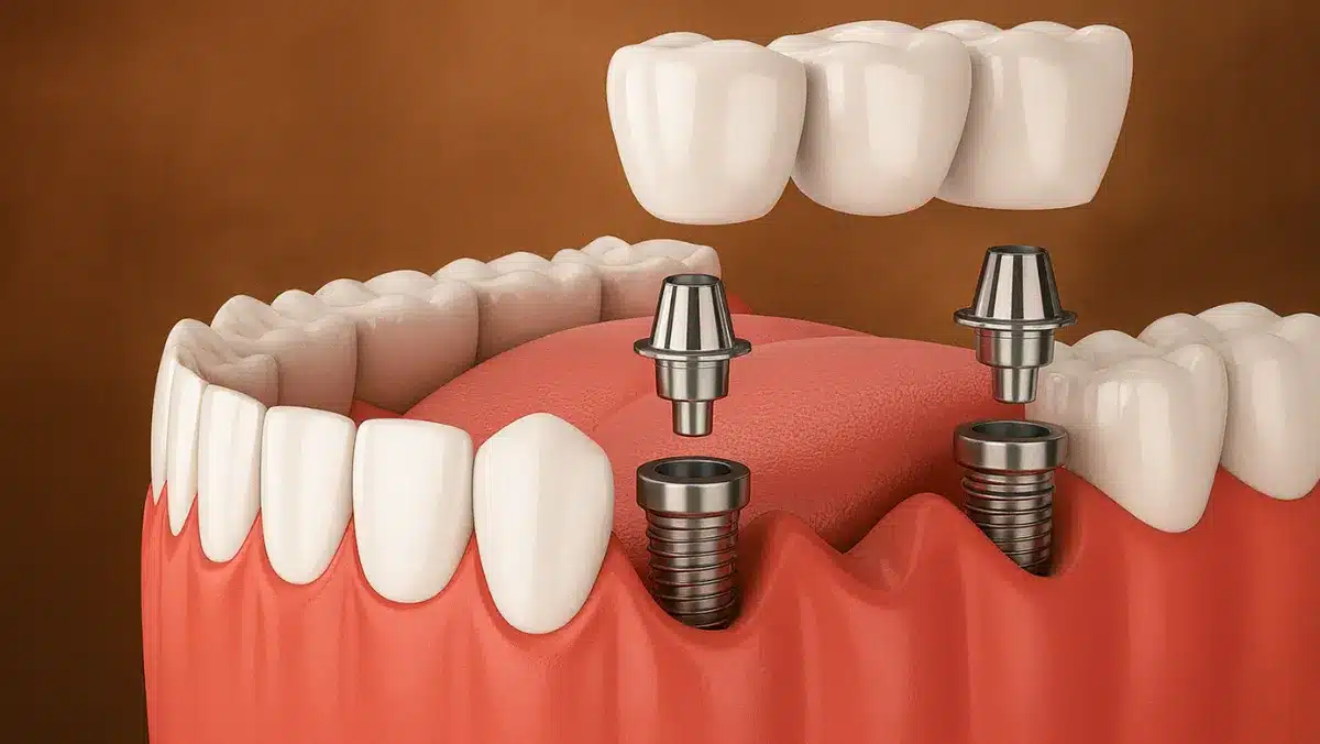 3D illustration showing the components of a dental implant, including the implant post, abutment, and dental crown used to replace a missing tooth.